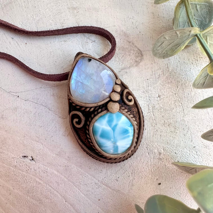 Rainbow Moonstone pendant necklace with Larimar gemstone