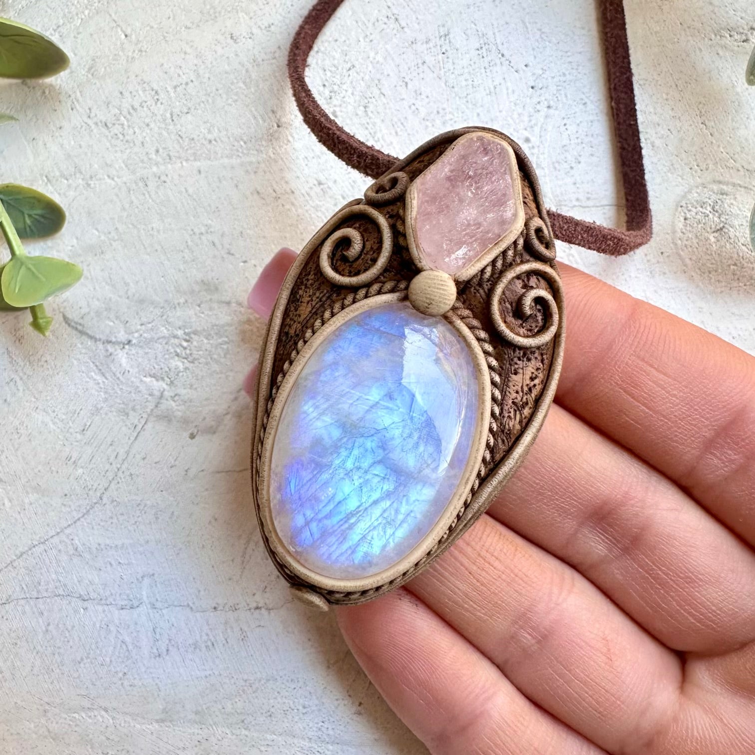 Rainbow moonstone and morganite pendant necklace handmade gemstone jewelry