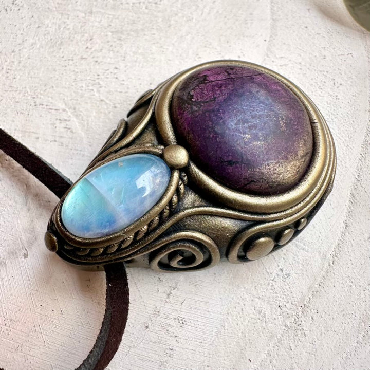 Spiritual crystal necklace with purpurite and rainbow moonstone stones