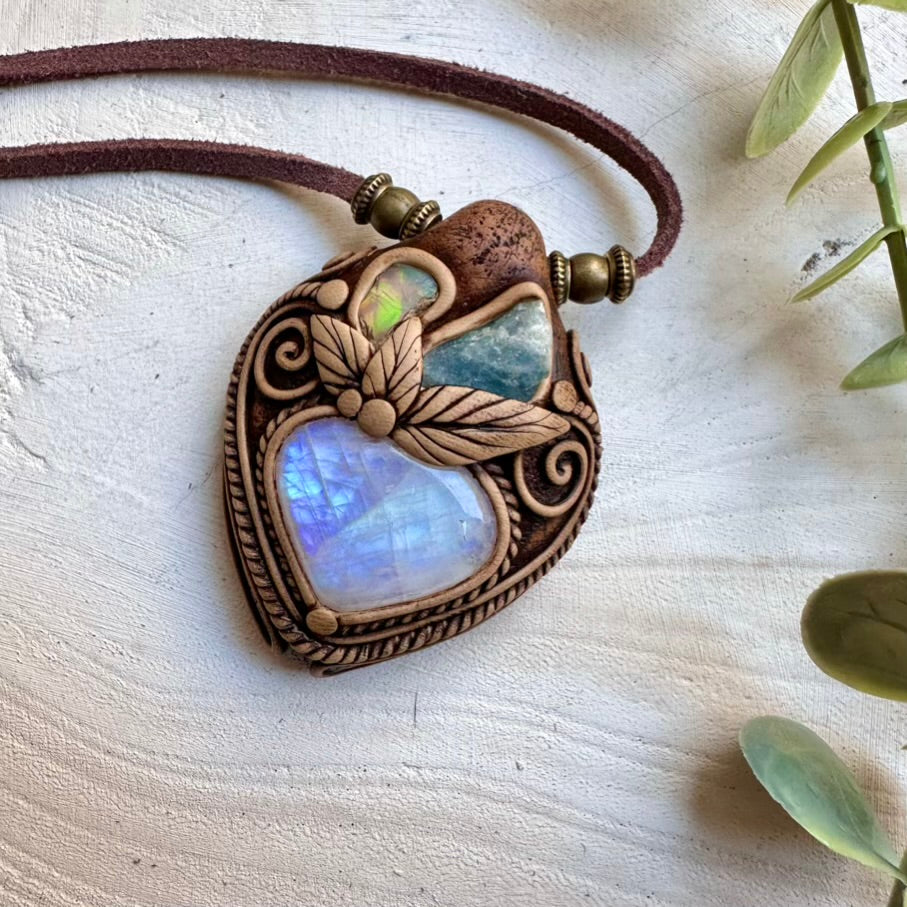 Rainbow moonstone with raw aquamarine and raw Ethiopian opal necklace