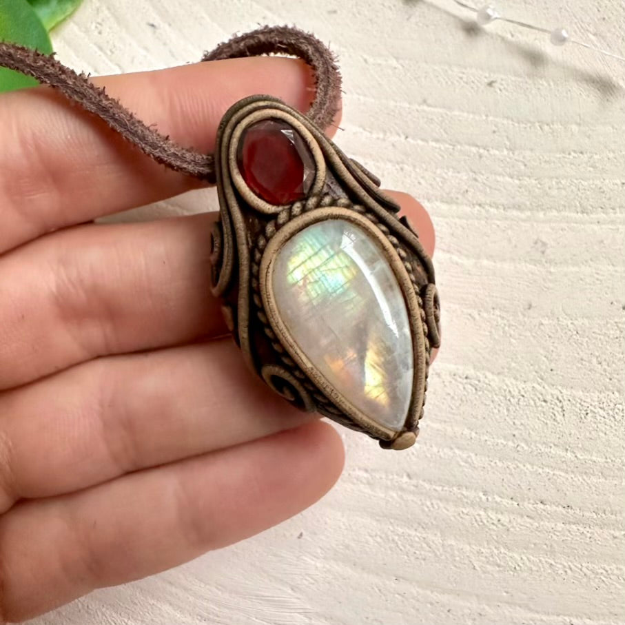 Rainbow Moonstone and Red Garnet pendant necklace – handmade gemstone jewelry