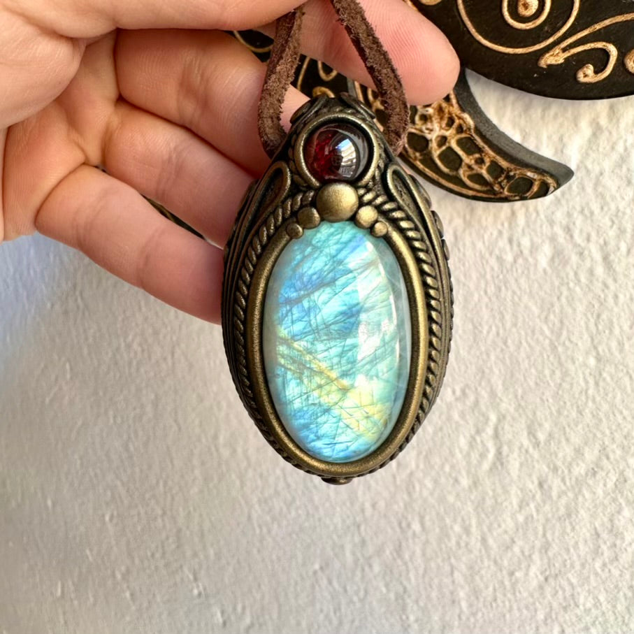 Rainbow Moonstone and Red Garnet pendant necklace – handmade crystal jewelry