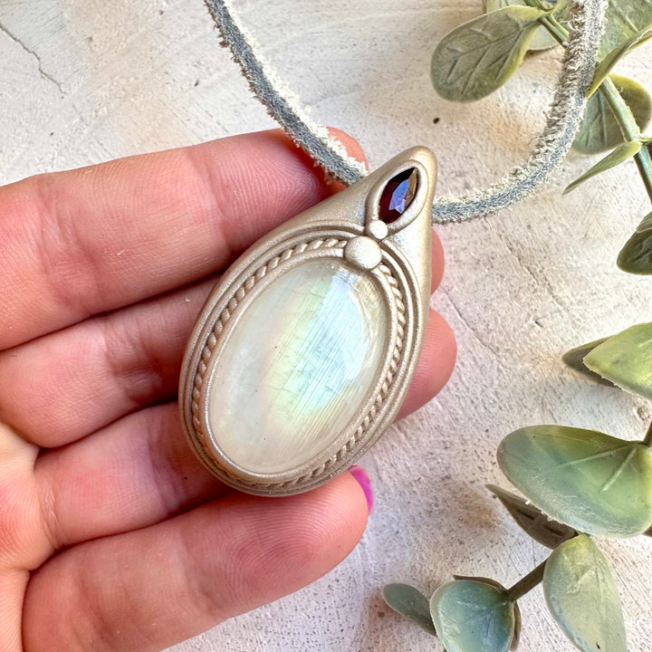 Moonstone & Garnet Necklace – Rainbow Moonstone Healing Crystal Jewelry with Red Garnet