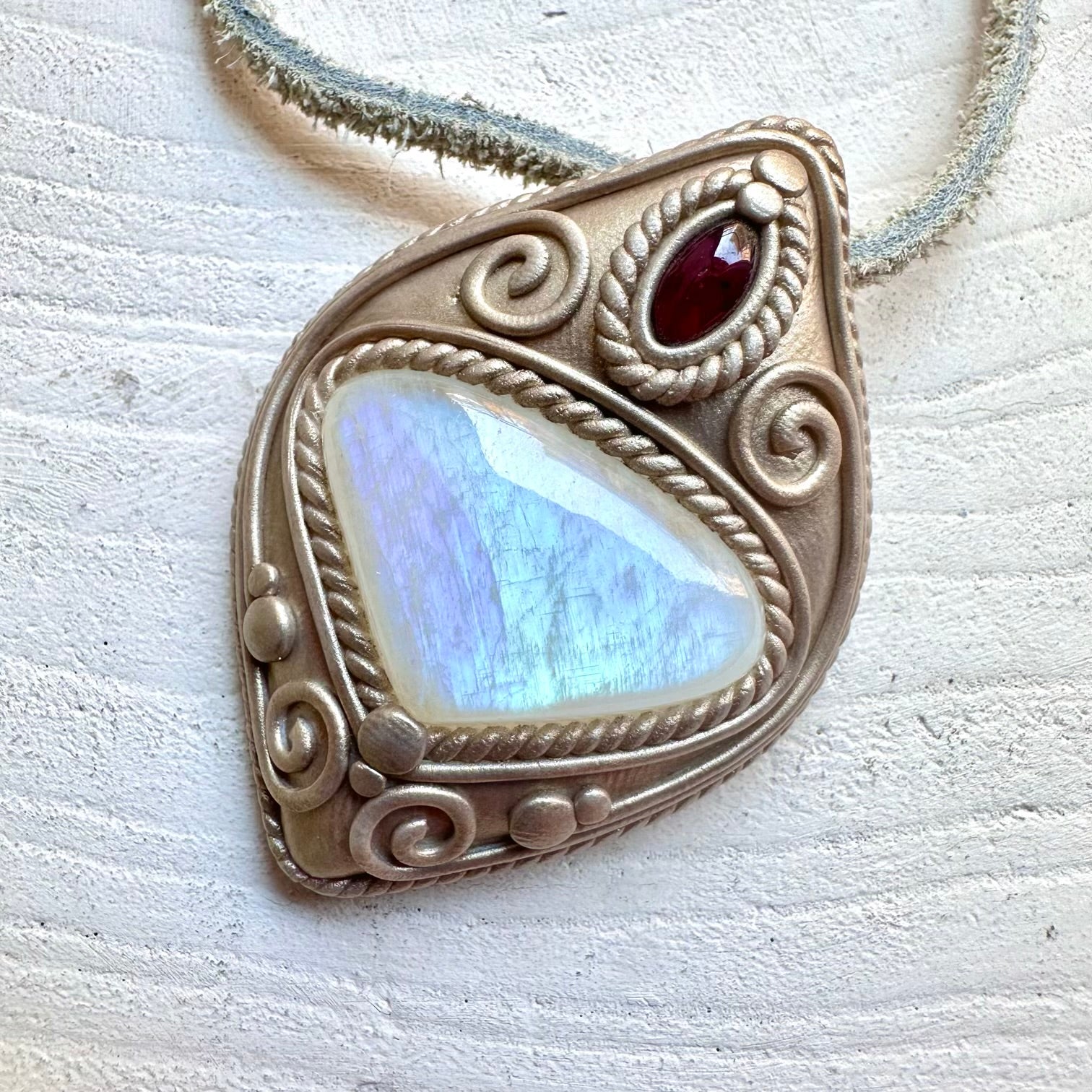 Rainbow Moonstone and Rhodolite Garnet handmade unique pendant necklace