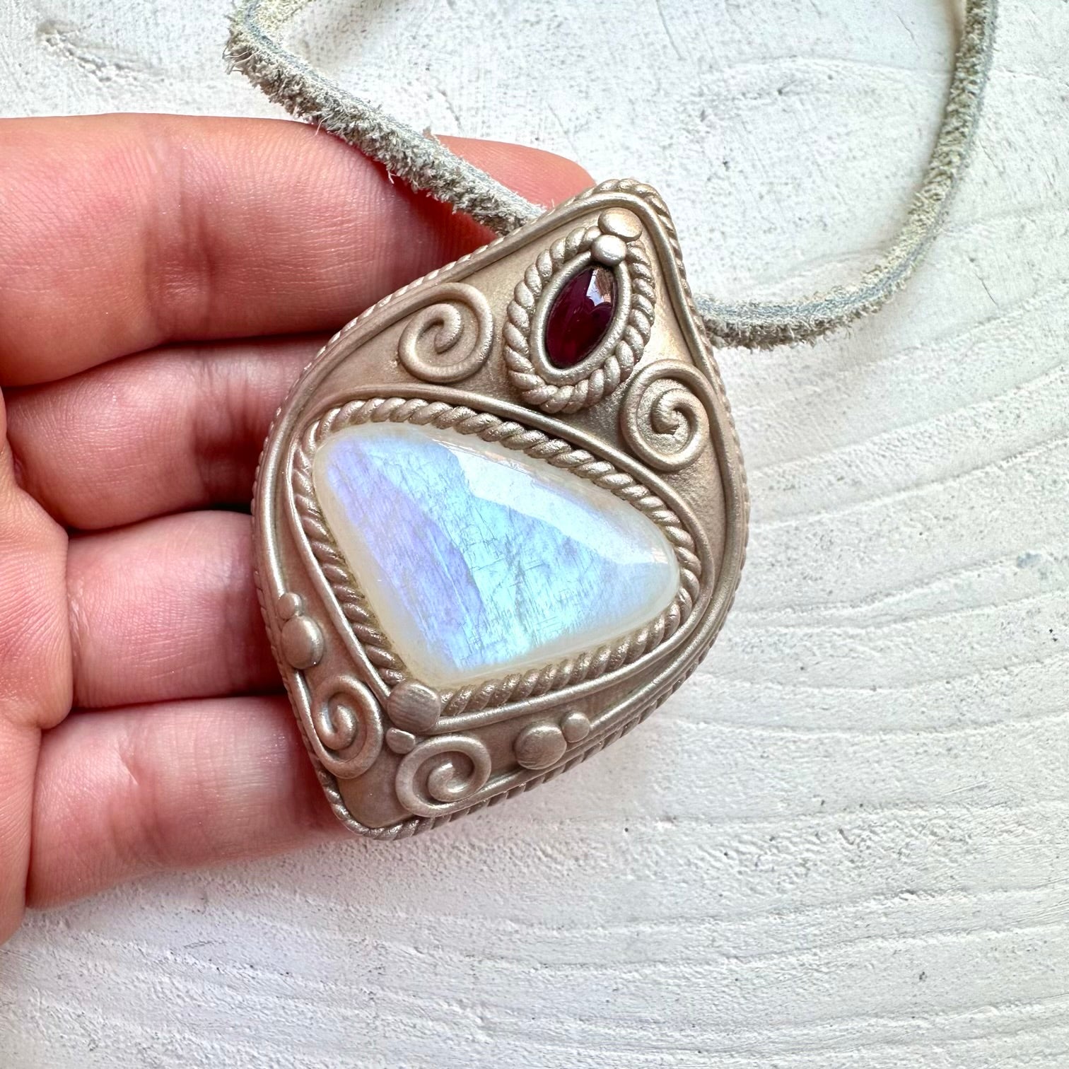 Rainbow Moonstone and Rhodolite Garnet pendant necklace
