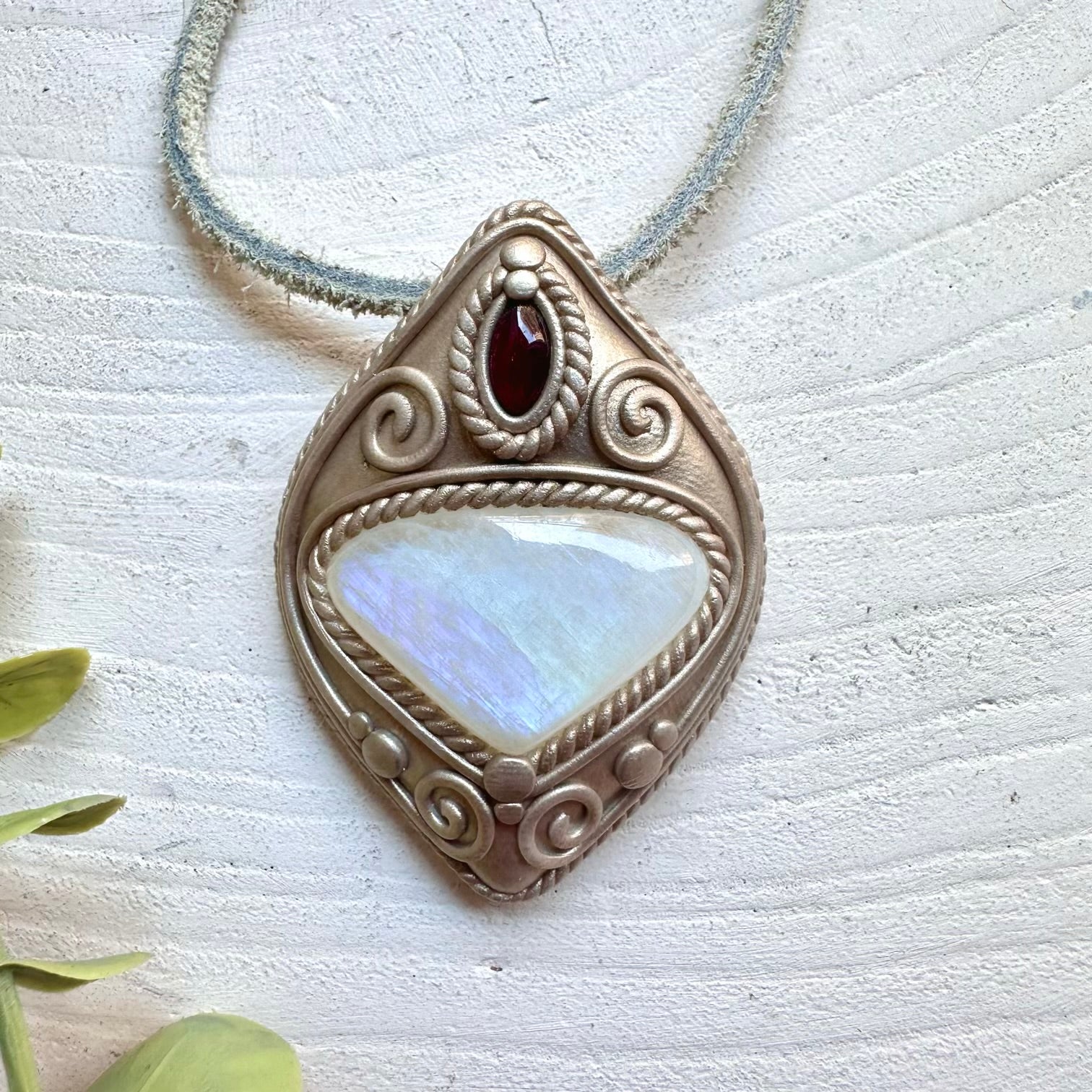 Crystal talisman necklace with rainbow moonstone and rhodolite garnet healing stones
