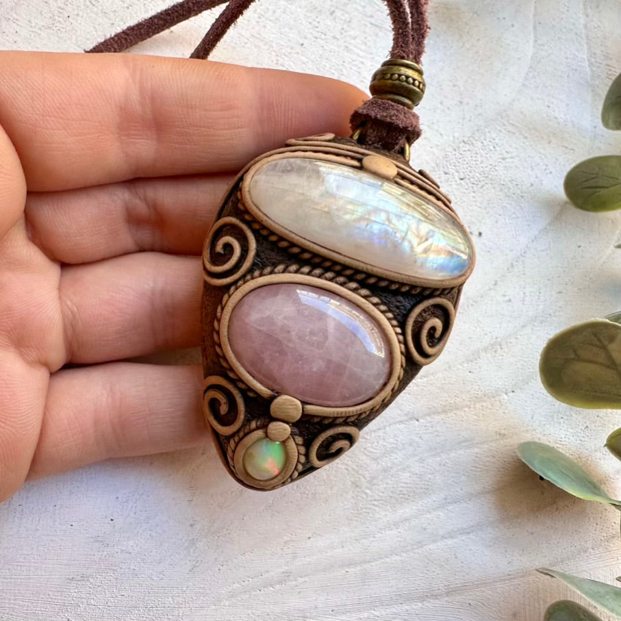 Handmade healing jewelry necklace with moonstone rose quartz and opal