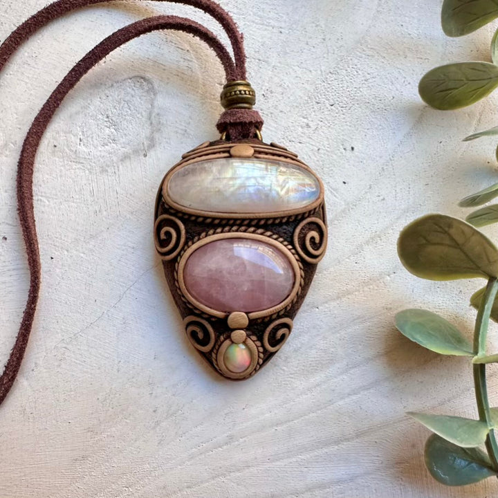 Rainbow moonstone rose quartz and Ethiopian opal necklace, handmade crystal pendant
