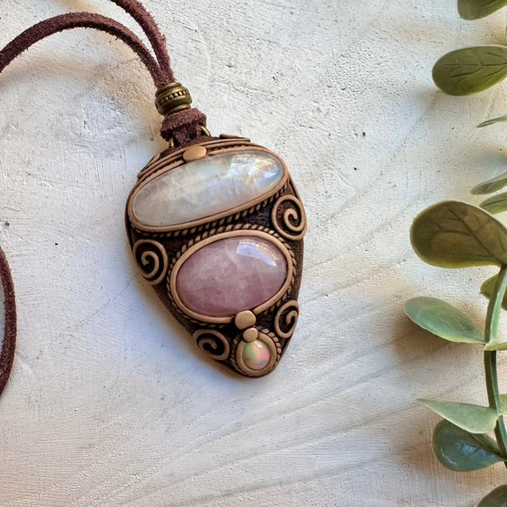 One of a kind rainbow moonstone rose quartz and opal necklace