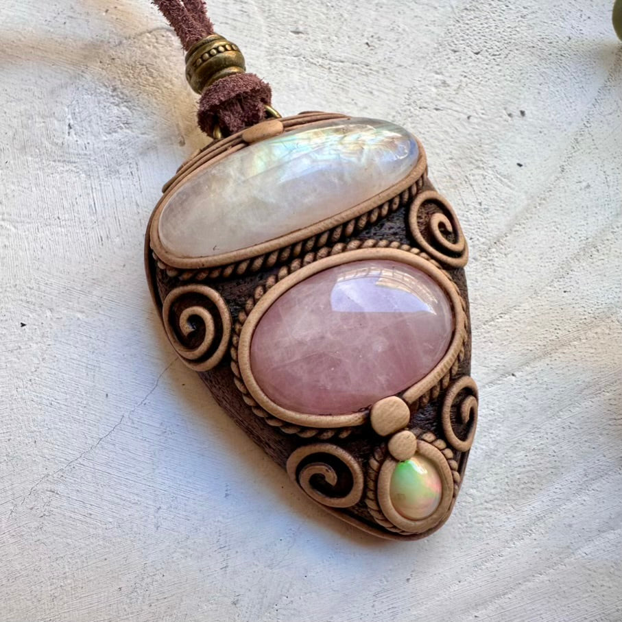Rainbow moonstone rose quartz and Ethiopian opal necklace for spiritual wear