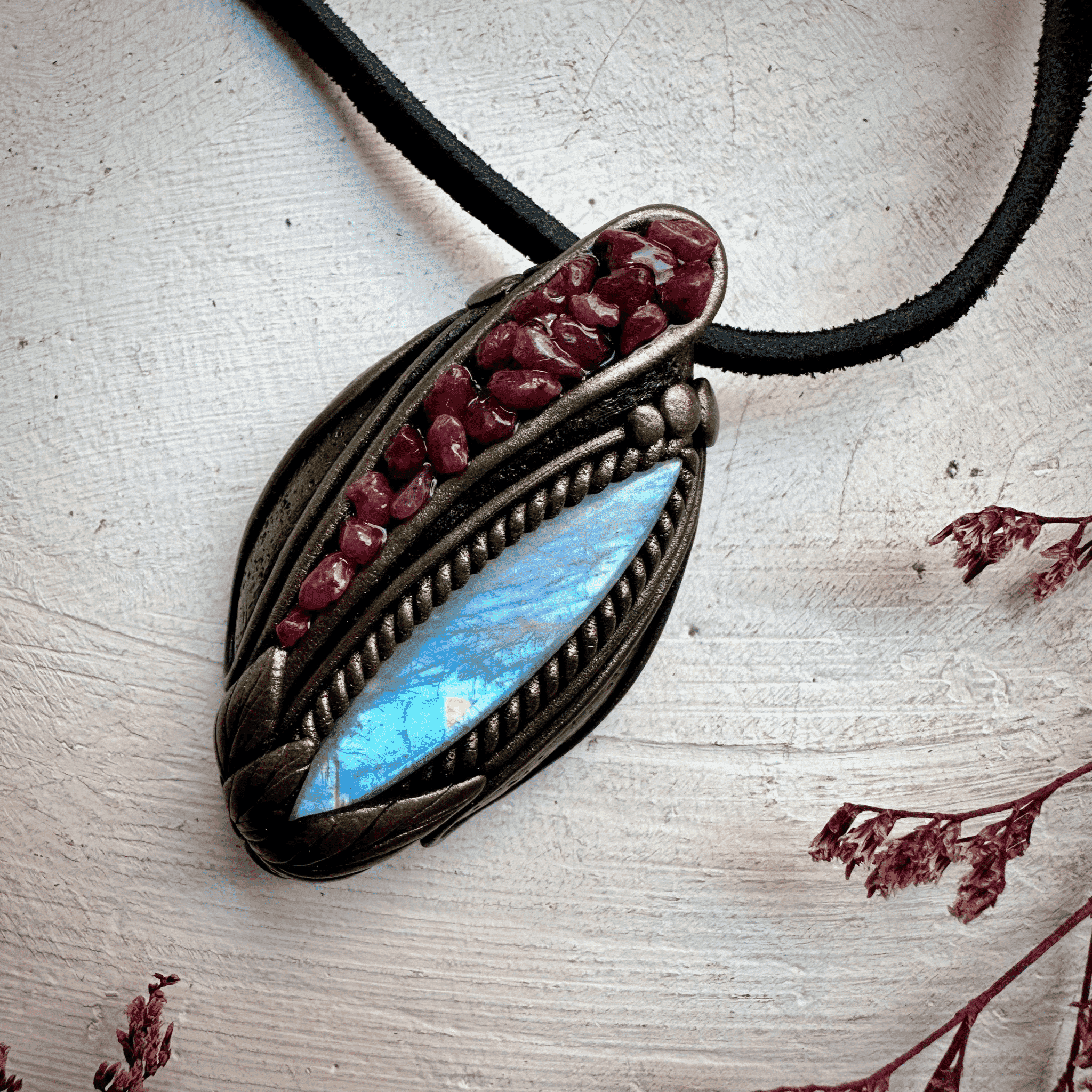 Rainbow Moonstone and Ruby Necklace - FairyGardenGlow