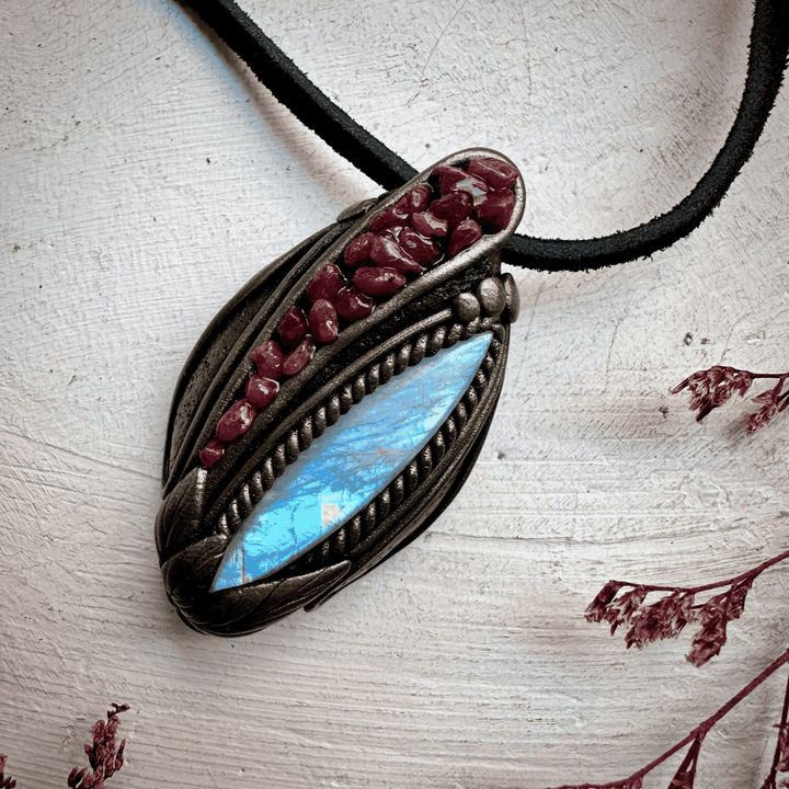 Rainbow Moonstone and Ruby Necklace - FairyGardenGlow