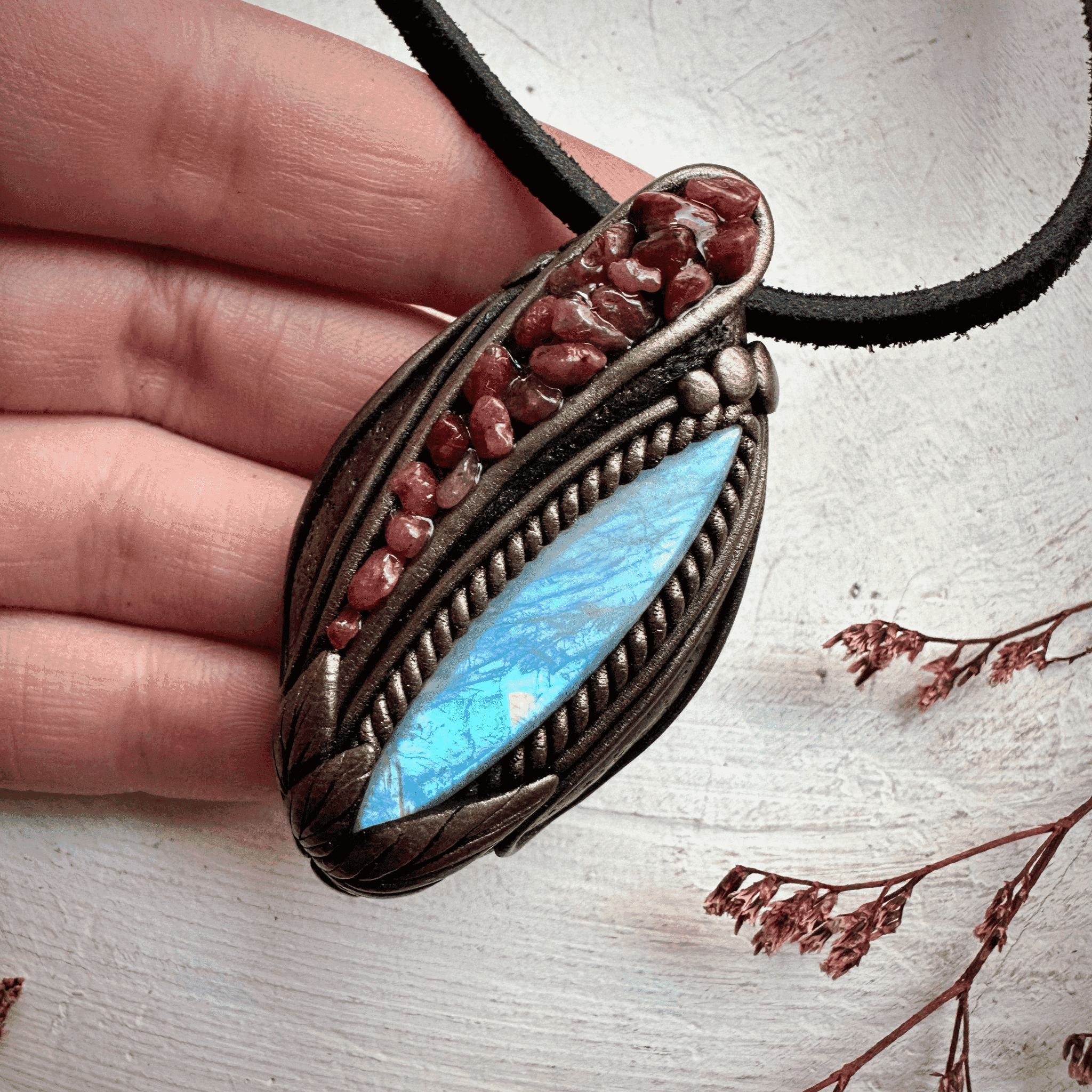 Rainbow Moonstone and Ruby Necklace - FairyGardenGlow