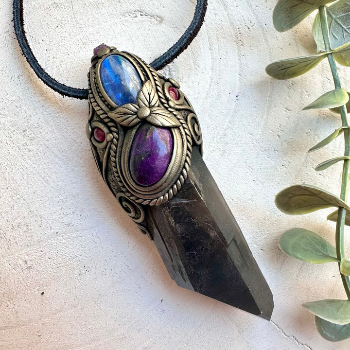 Handmade spiritual wand necklace with stichtite and smoky quartz