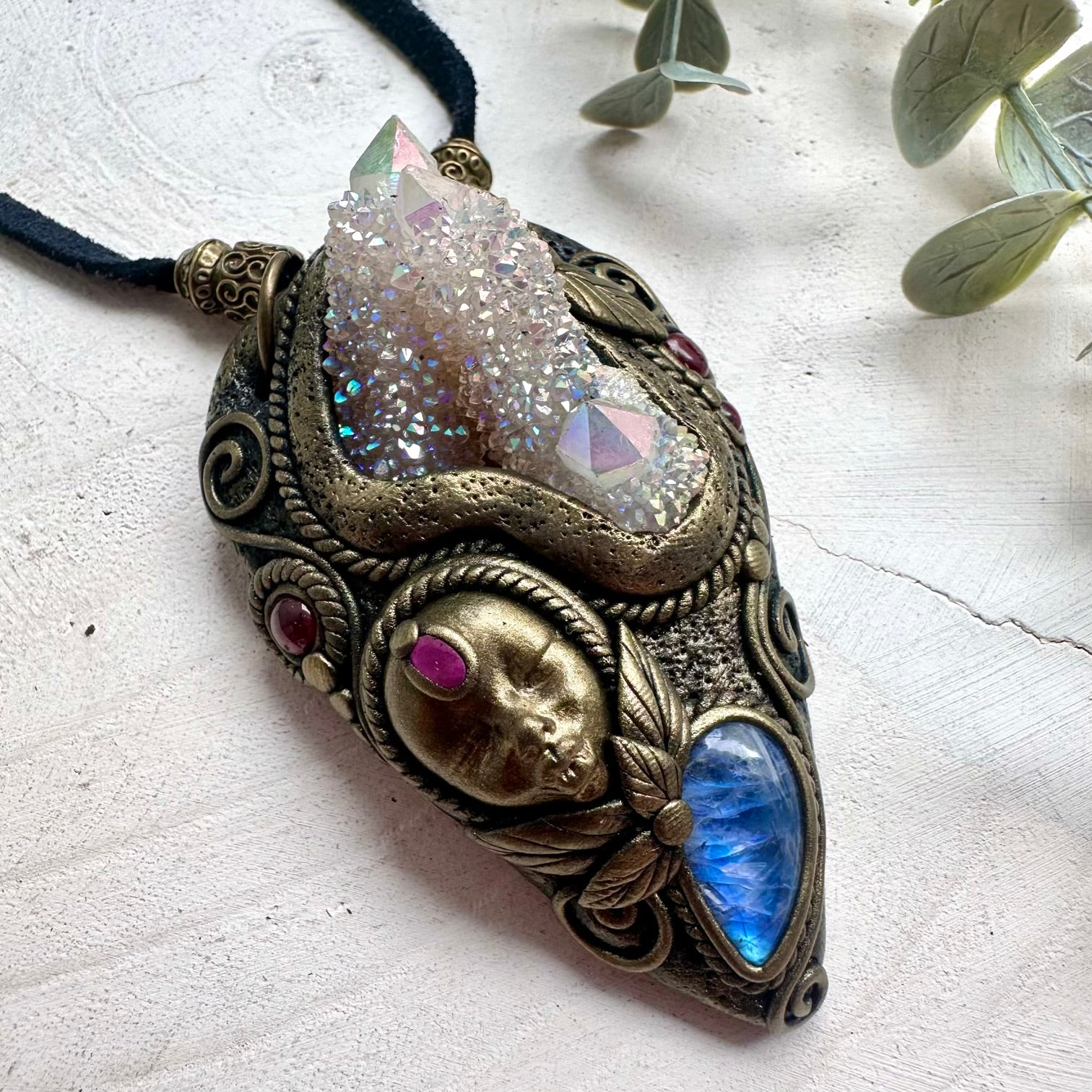 Divine Feminine Necklace with Angel Aura Quartz and Ruby – High Vibration Crystal Jewelry