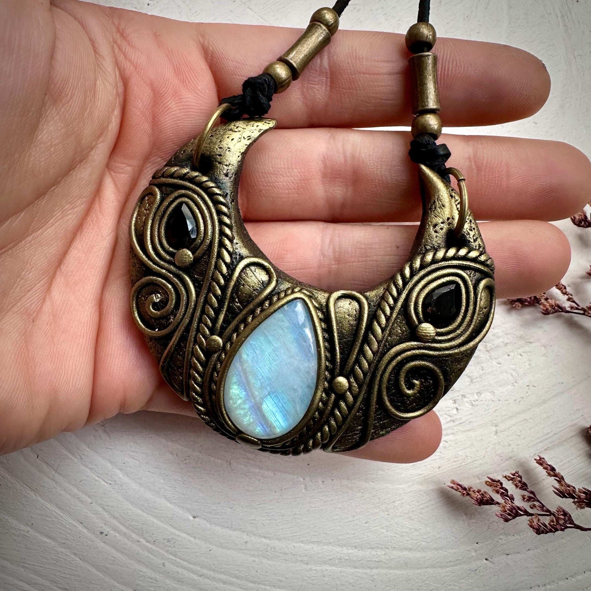 Rainbow Moonstone and Smoky Quartz Moon Necklace - FairyGardenGlow