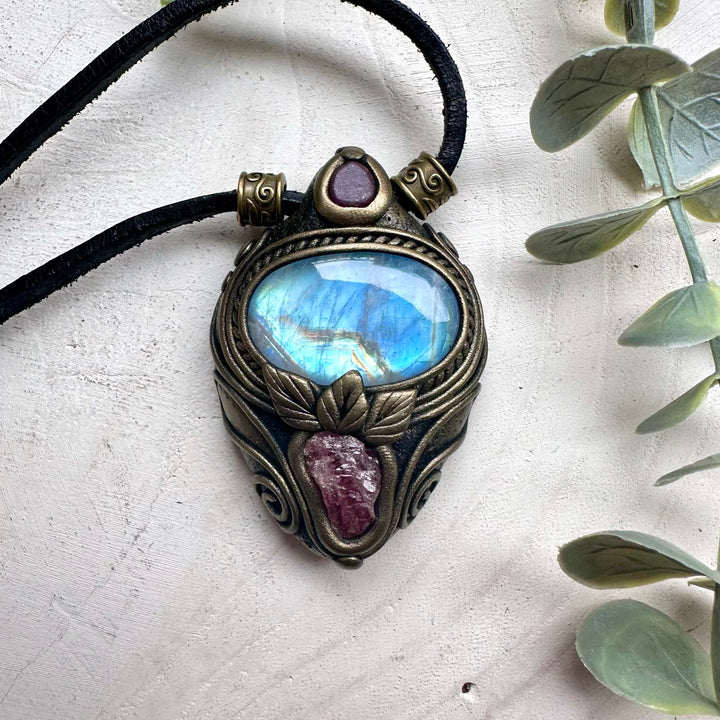 Handmade necklace featuring rainbow moonstone raw spinel and ruby