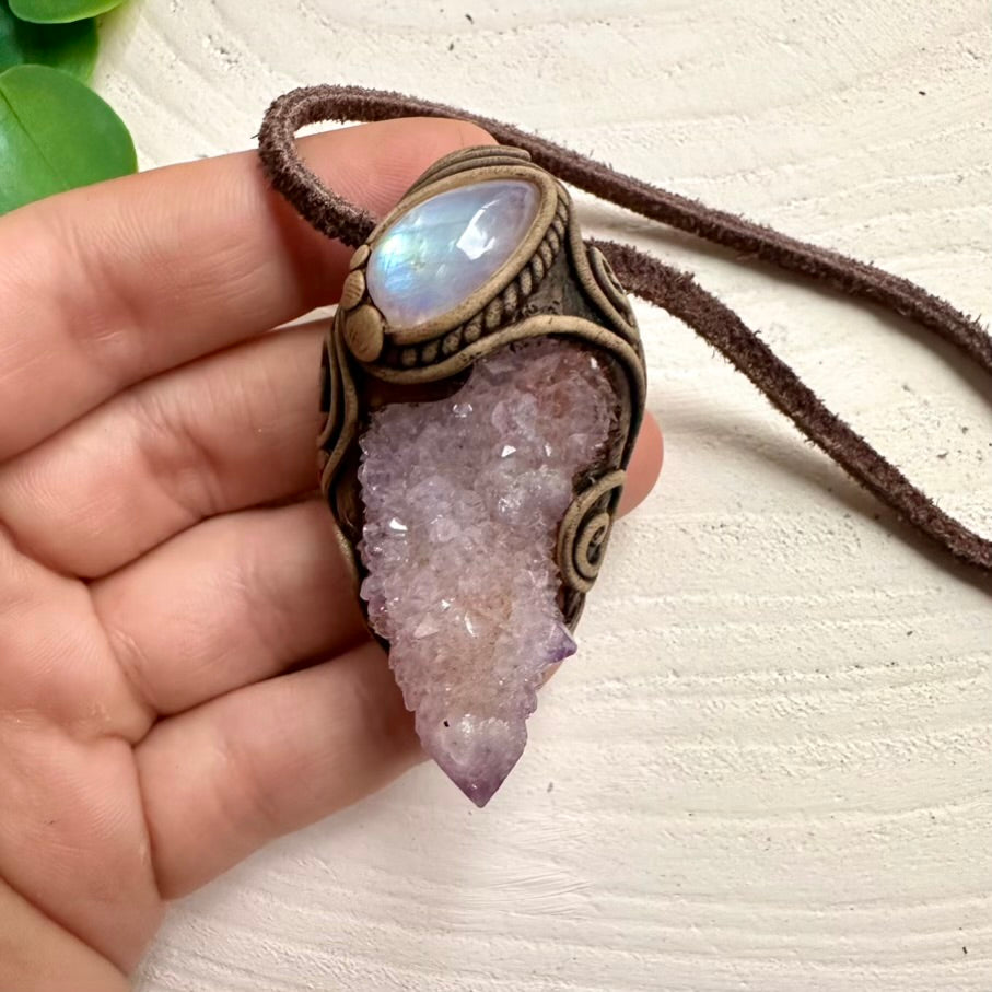 Handcrafted necklace with Spirit Quartz and Rainbow Moonstone