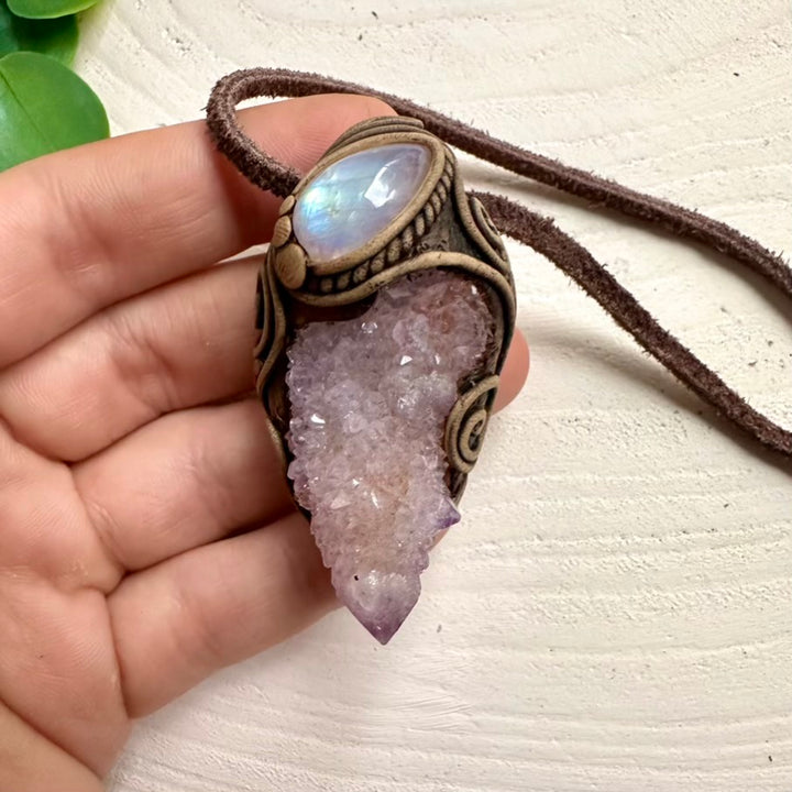 Handcrafted necklace with Spirit Quartz and Rainbow Moonstone