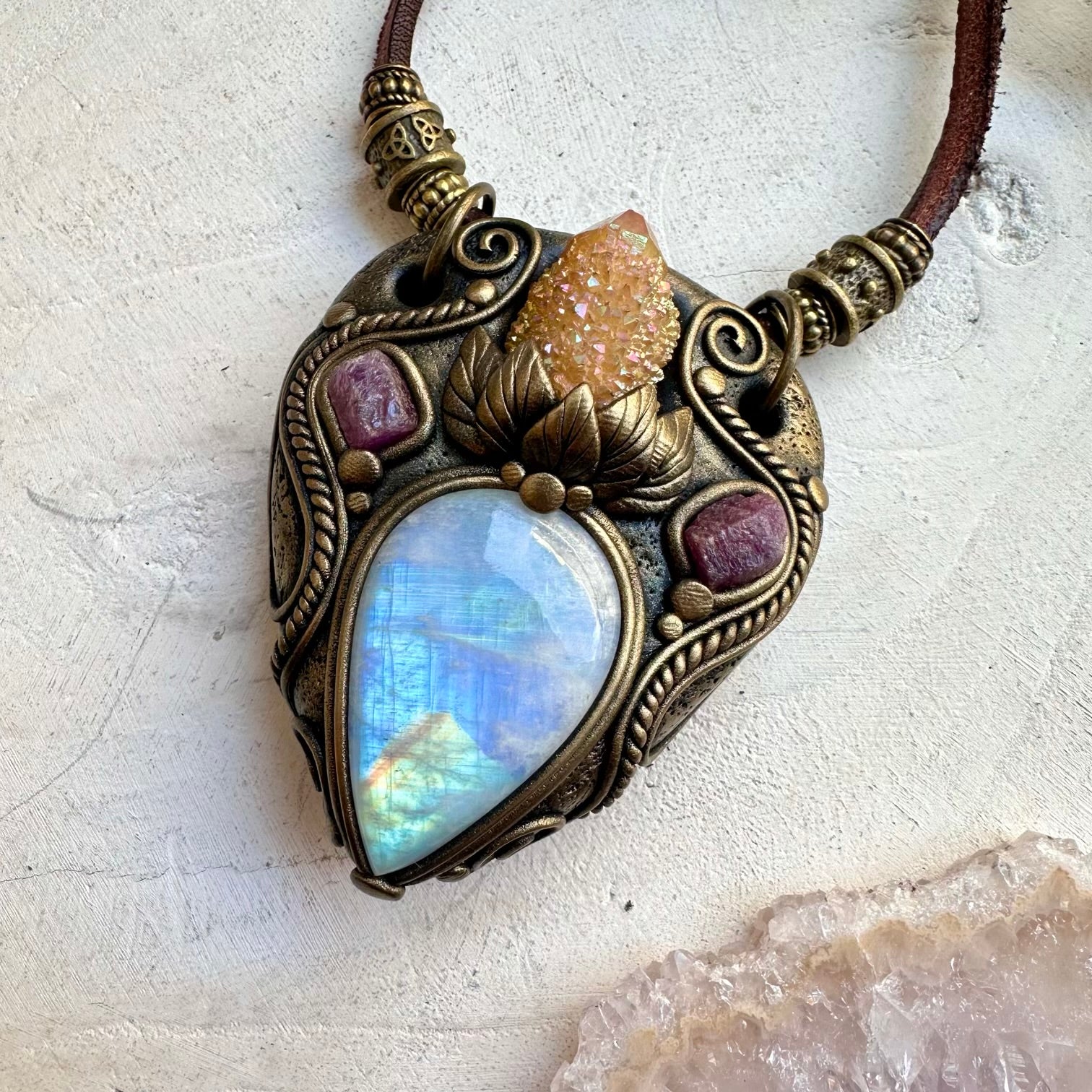 Rainbow moonstone sunset aura spirit quartz and raw ruby necklace