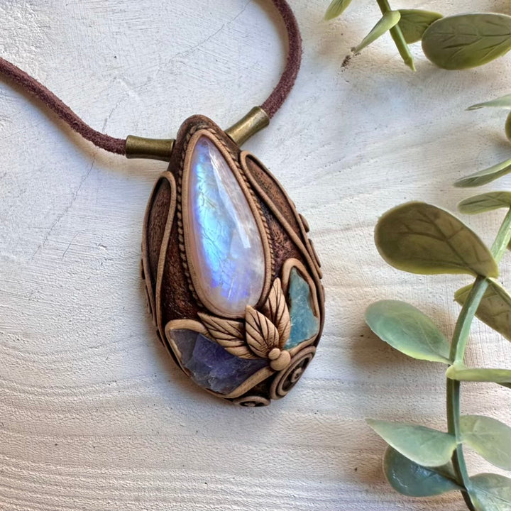 Rainbow moonstone with raw tanzanite and raw aquamarine spiritual necklace powerful for intuition