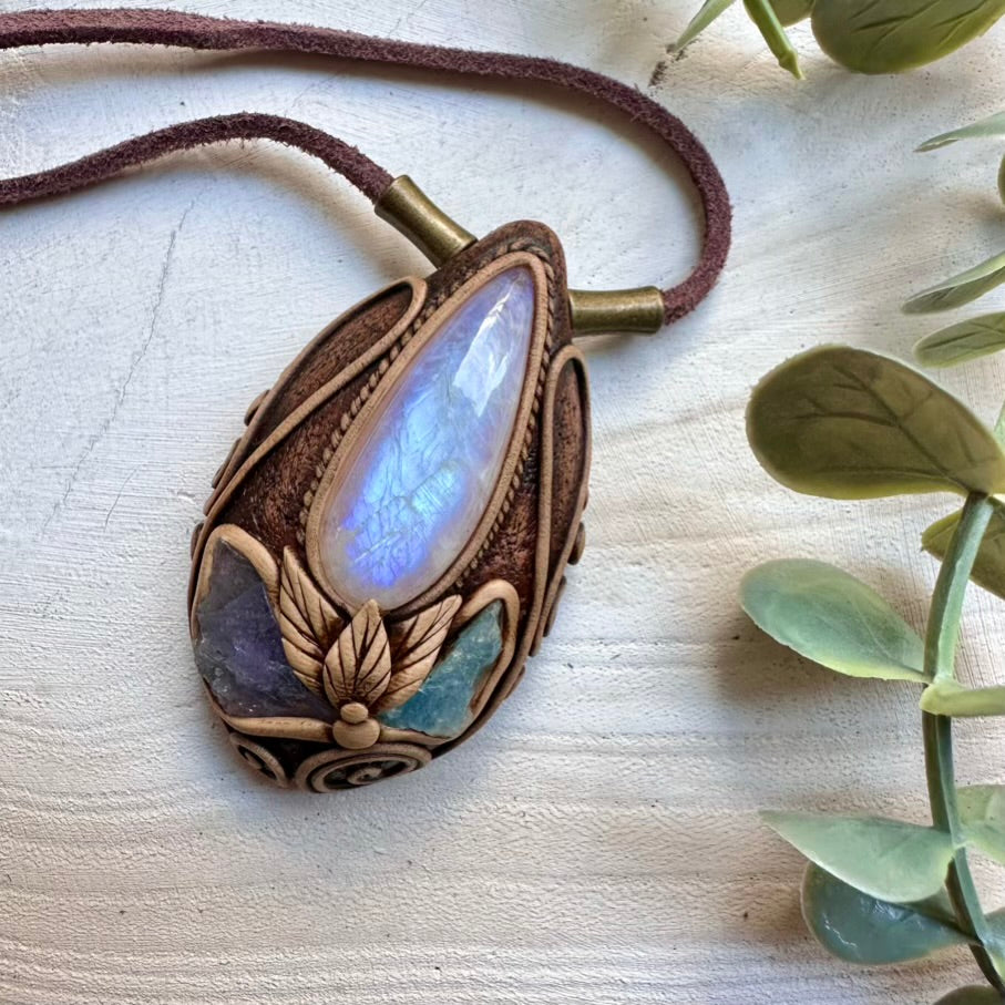 Rainbow moonstone raw tanzanite and aquamarine healing crystal necklace