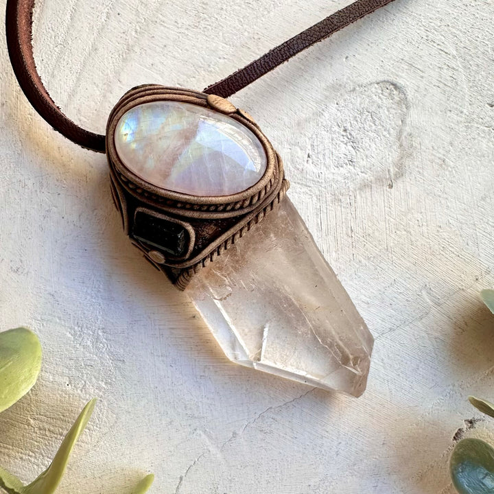 Large clear quartz point healing crystal necklace