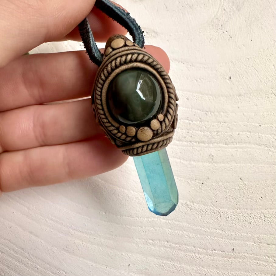 Handcrafted pendant featuring Aqua Aura Quartz and Rainbow Obsidian