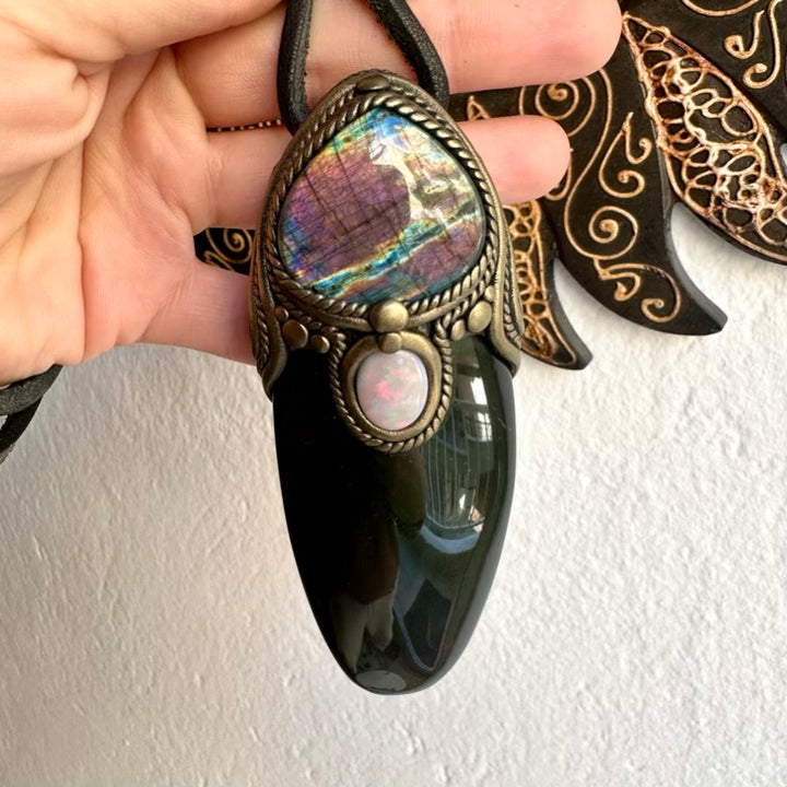 Handmade healing crystal talisman with Rainbow Obsidian, Labradorite and Opal