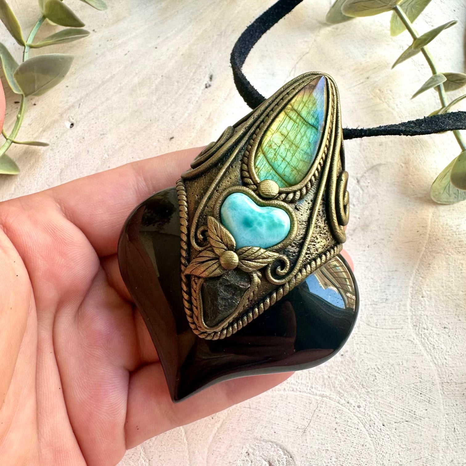 Protection crystal necklace with Rainbow Obsidian and genuine natural healing gemstones.