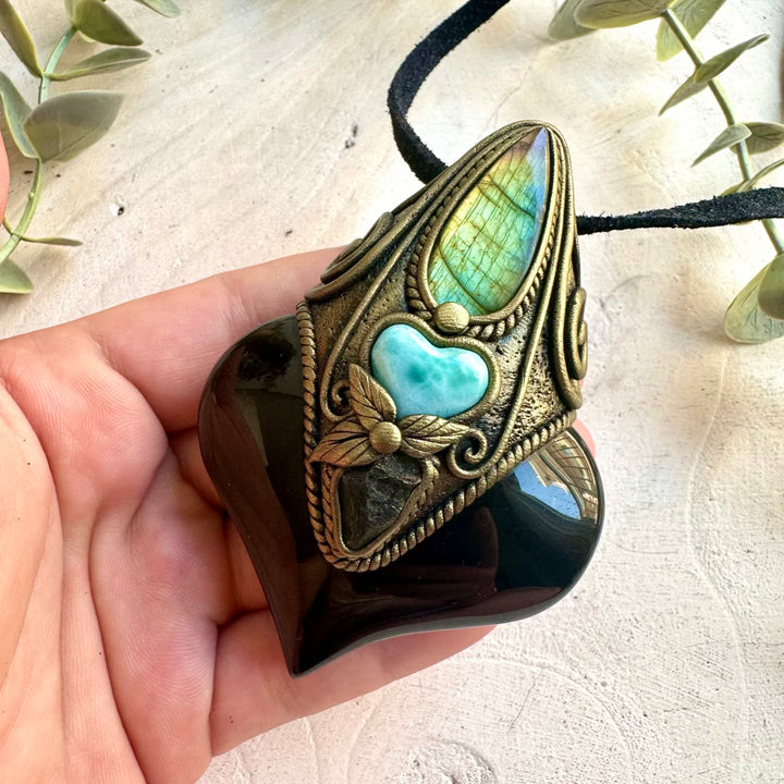 Protection crystal necklace with Rainbow Obsidian and genuine natural healing gemstones.