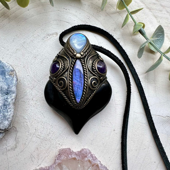 Rainbow obsidian purple labradorite moonstone and amethyst wand pendant necklace