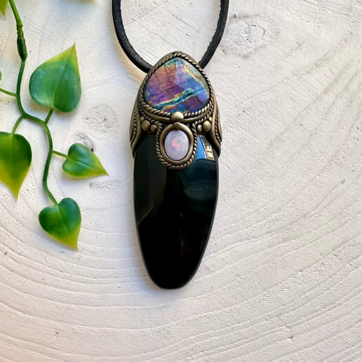 Long healing crystal pendant combining Rainbow Obsidian, Labradorite and Opal