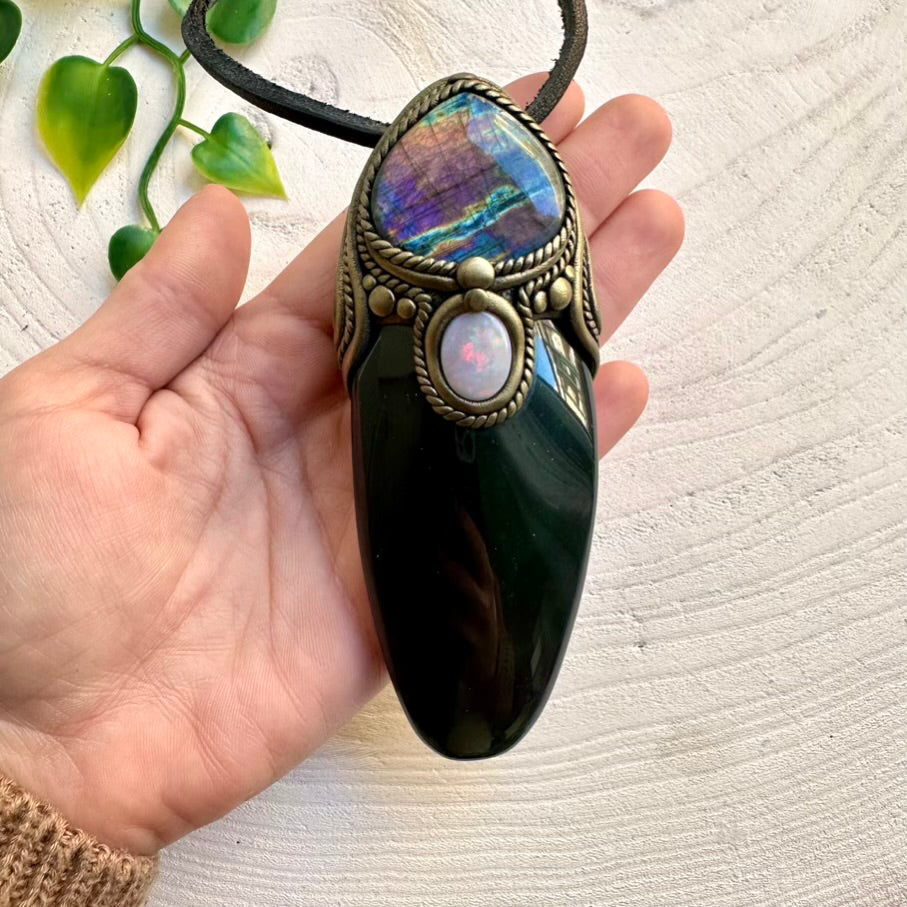 Collector crystal pendant featuring Rainbow Obsidian and Australian Opal