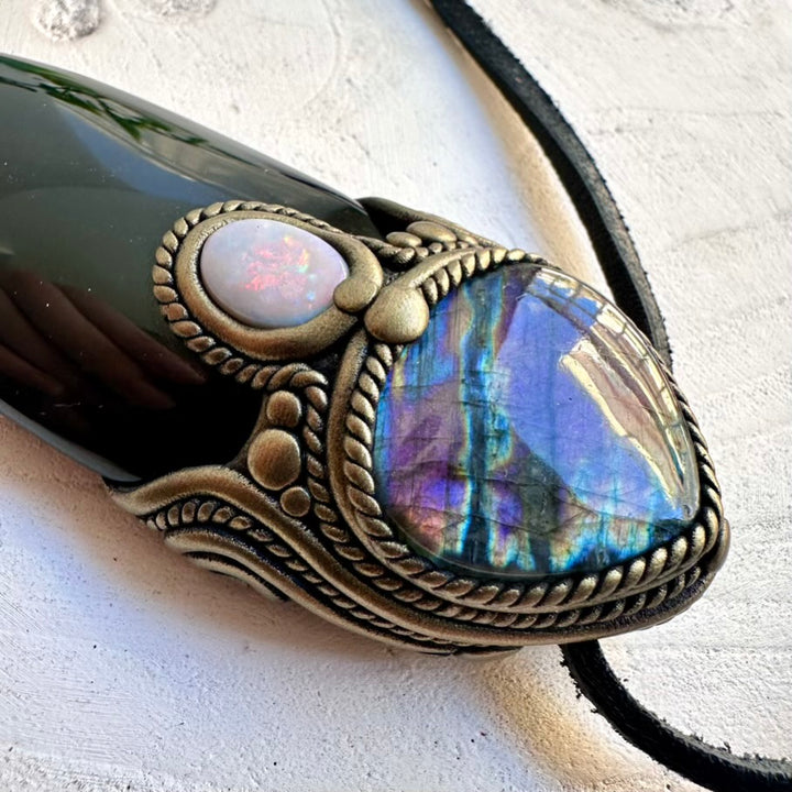 Spiritual talisman necklace featuring Rainbow Obsidian and Australian Opal