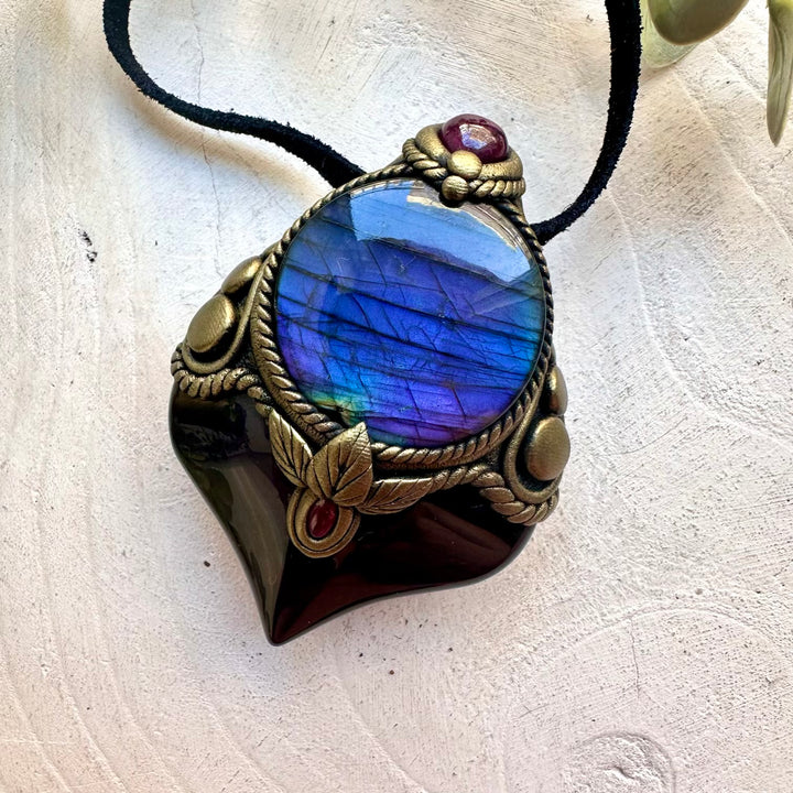 Handmade Rainbow Obsidian necklace with Labradorite, Ruby and Rhodolite Garnet natural gemstones.