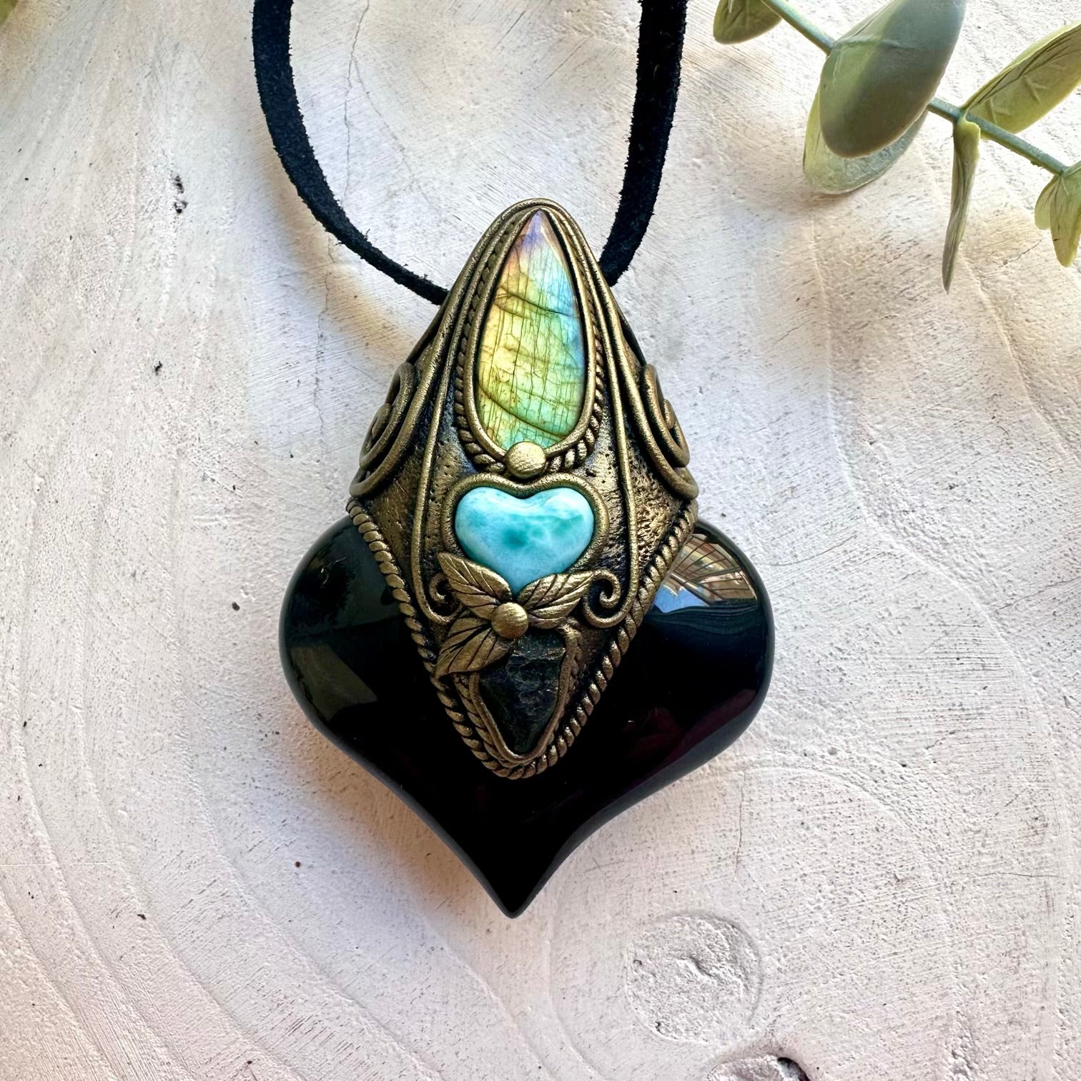 Natural Rainbow Obsidian pendant handcrafted with Larimar, Labradorite and Moldavite.