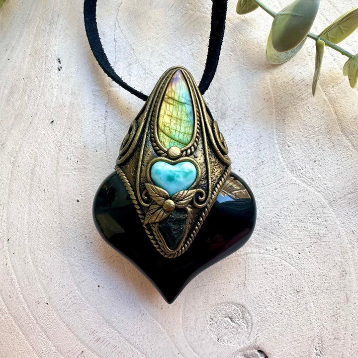 Natural Rainbow Obsidian pendant handcrafted with Larimar, Labradorite and Moldavite.