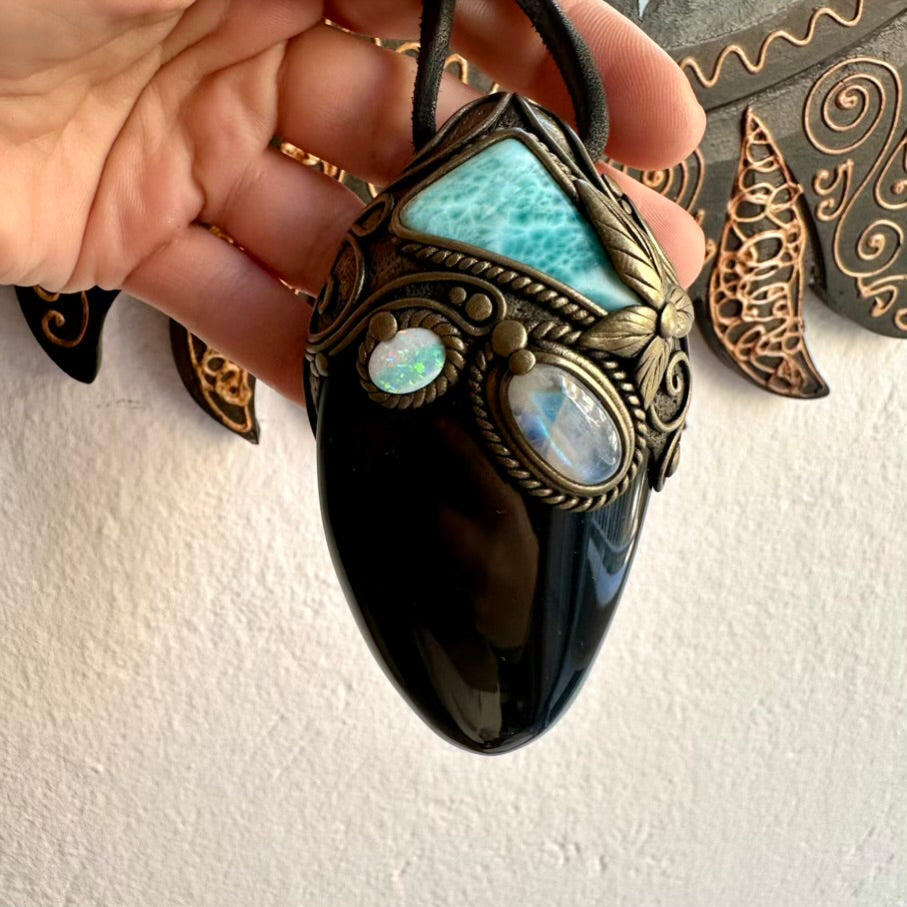 Handmade healing crystal talisman with Rainbow Obsidian, Larimar and Opal