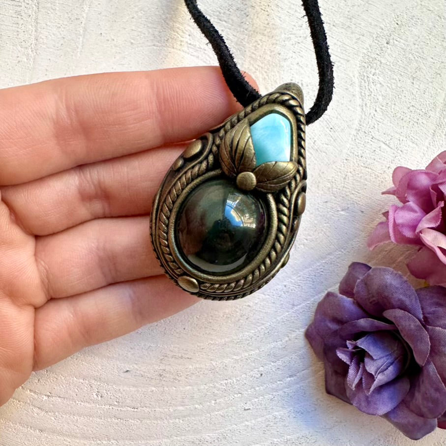 Ethically sourced Rainbow Obsidian with ocean-blue Larimar pendant, wearable spiritual protection amulet handmade with love.