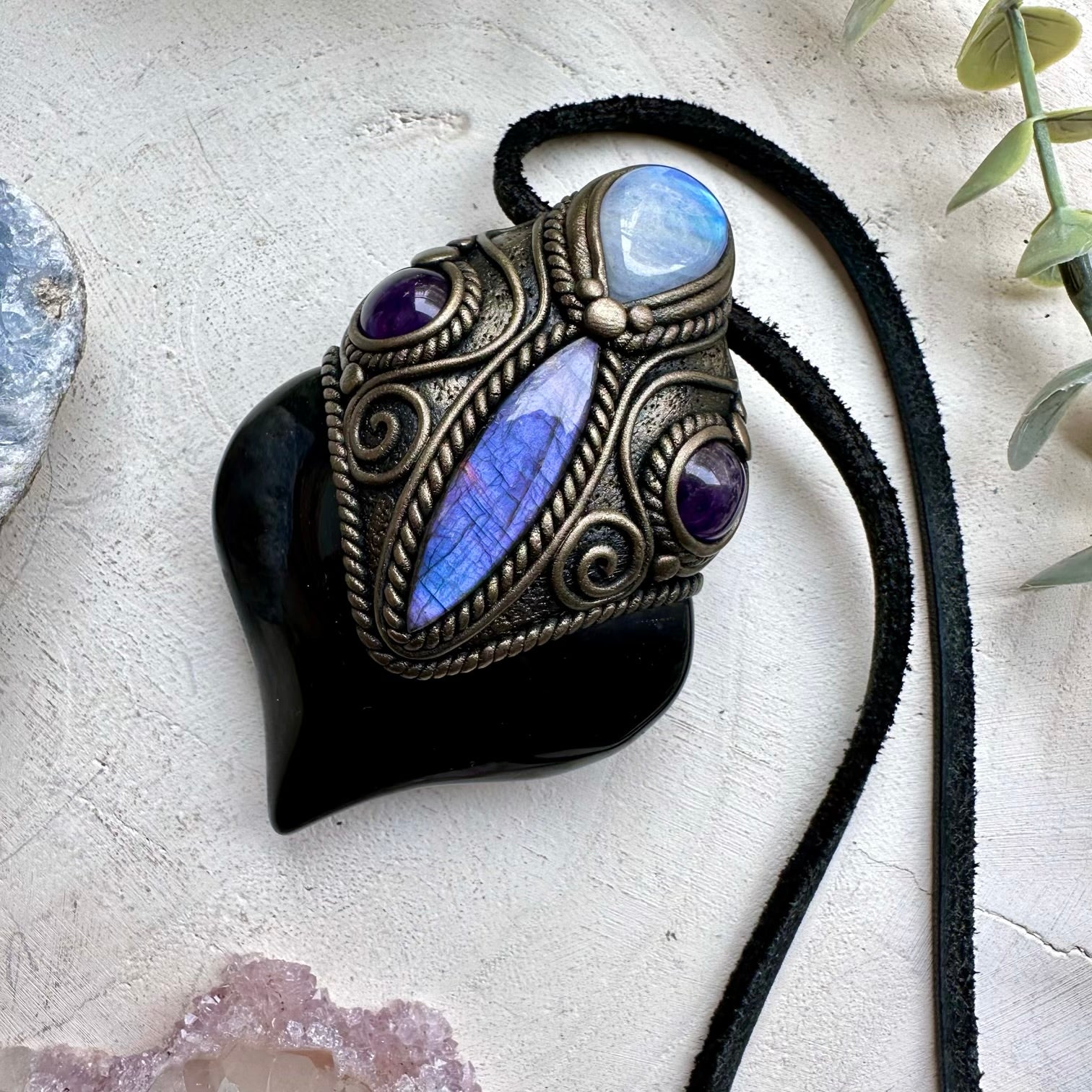 Boho crystal necklace with obsidian labradorite and amethyst