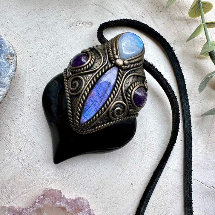 Boho crystal necklace with obsidian labradorite and amethyst