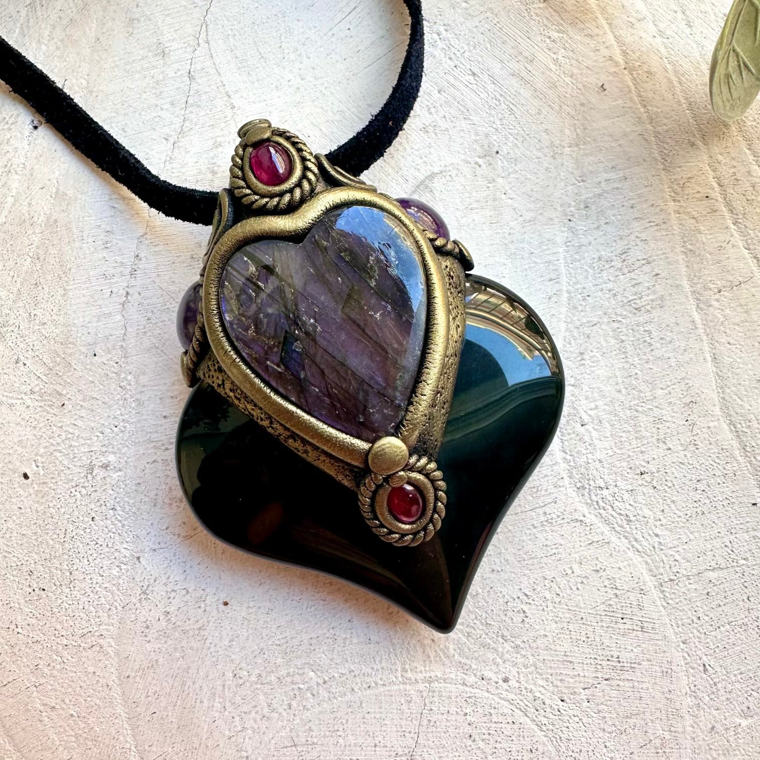 One of a kind gemstone necklace handcrafted with Rainbow Obsidian and a beautiful Purple Labradorite heart.