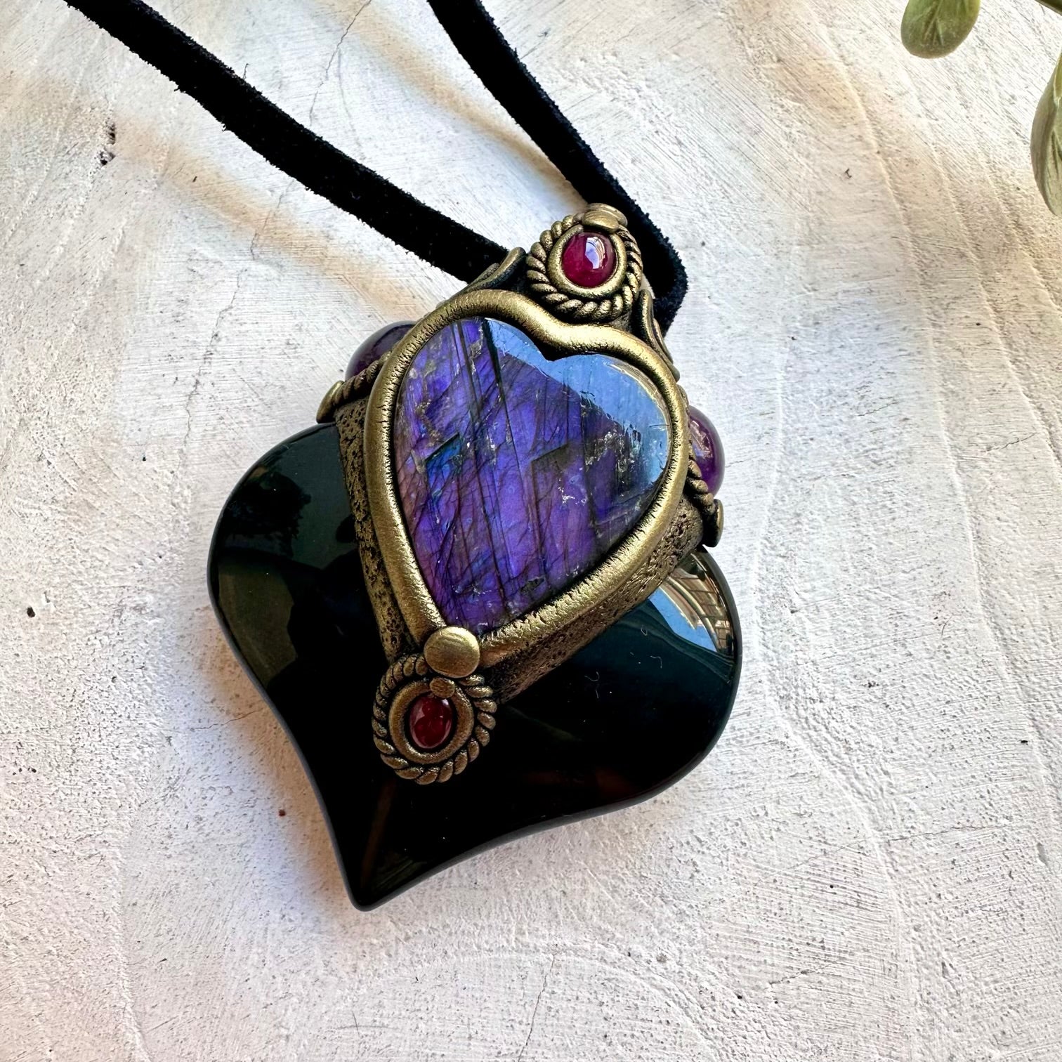 Handmade Rainbow Obsidian necklace with a Purple Labradorite heart, Amethyst and Rhodolite Garnet.