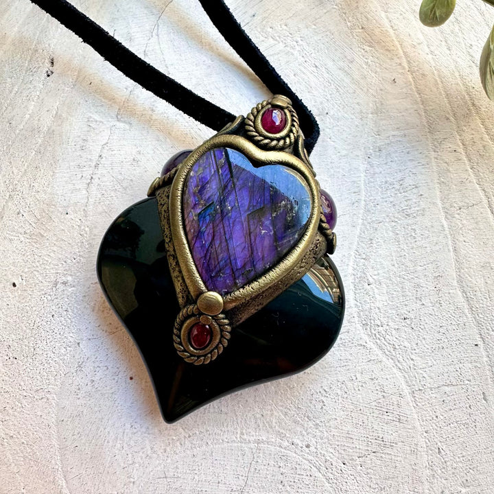 Handmade Rainbow Obsidian necklace with a Purple Labradorite heart, Amethyst and Rhodolite Garnet.