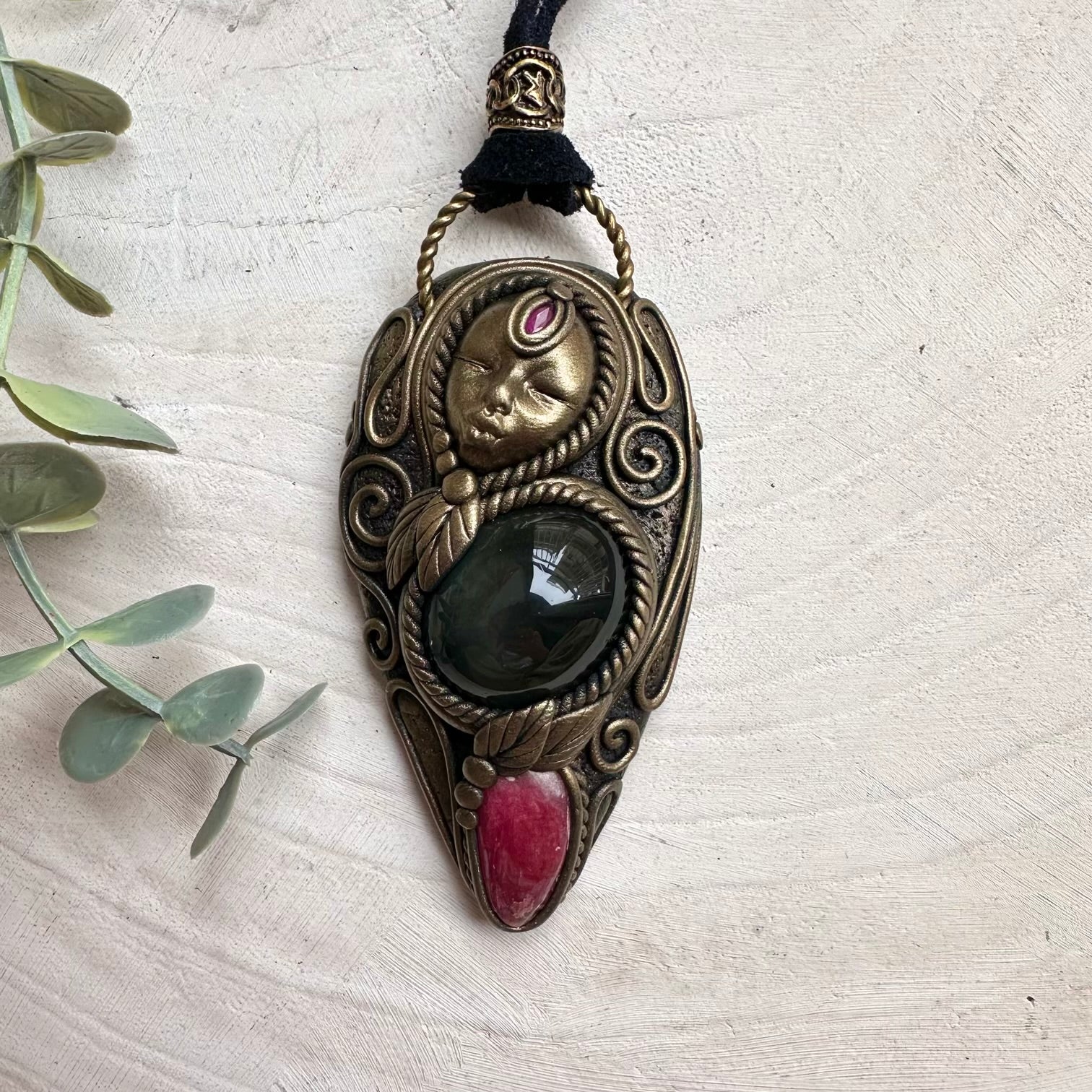 Handmade goddess necklace with rainbow obsidian and rhodonite