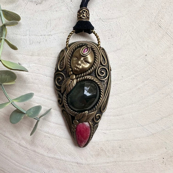 Handmade goddess necklace with rainbow obsidian and rhodonite