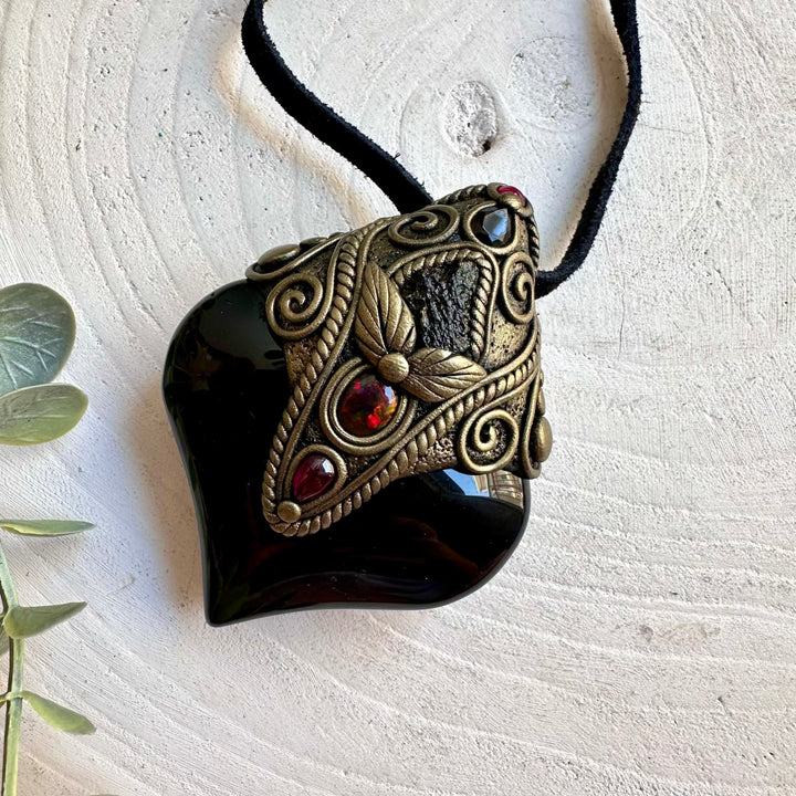 Rainbow Obsidian healing crystal talisman necklace handcrafted with Moldavite, Smoky Quartz, Black Ethiopian Opal and Rhodolite Garnet.