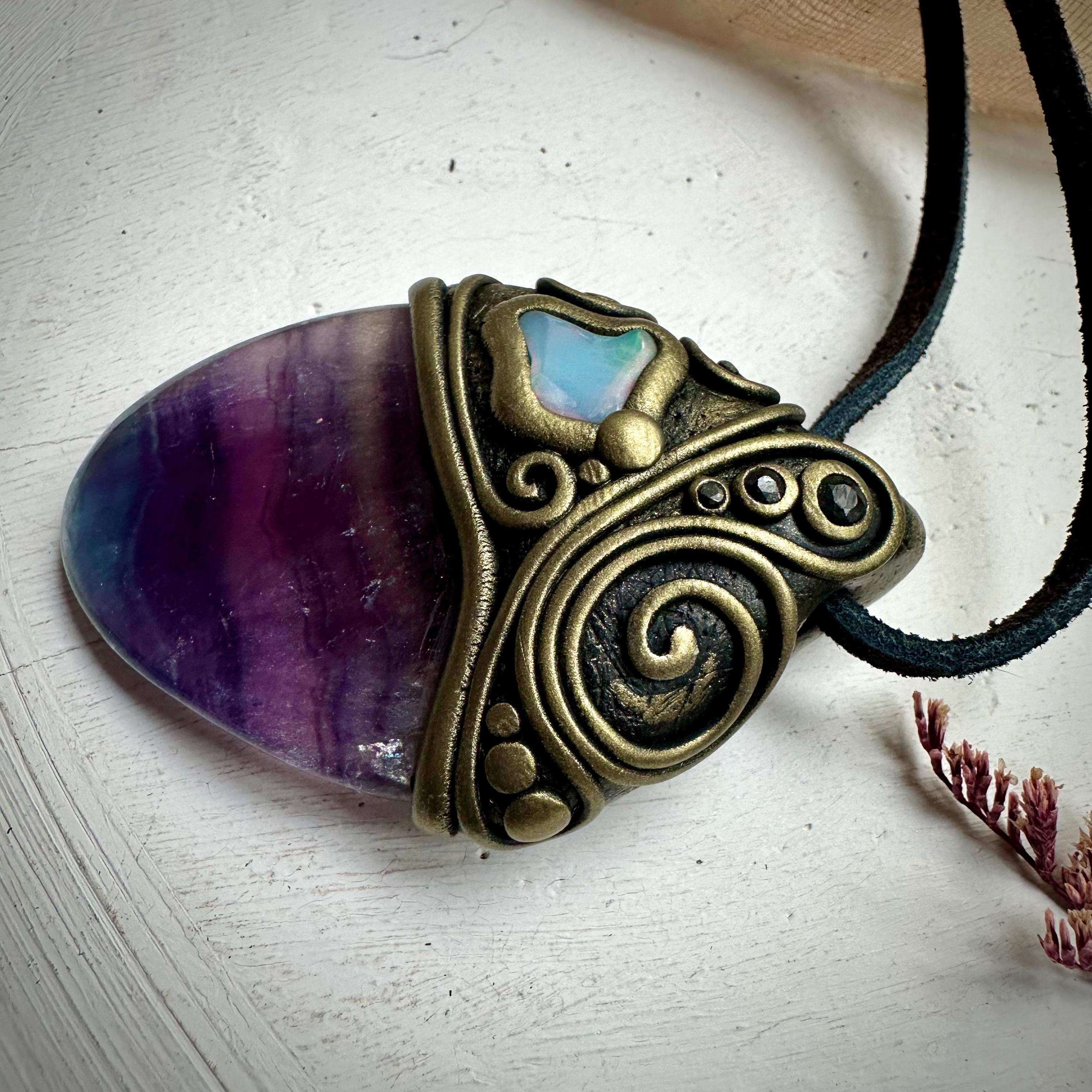 Rainbow Fluorite Opal and Blue Sapphire Necklace - FairyGardenGlow