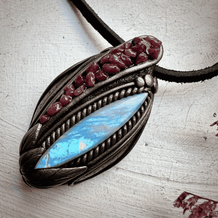 Rainbow Moonstone and Ruby Necklace - FairyGardenGlow